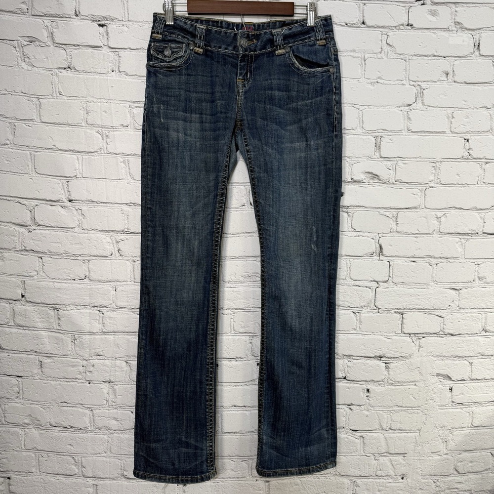 Rock & Roll Cowgirl Low Rise Bootcut Denim Jeans Size 28x34 Distressed Stretch